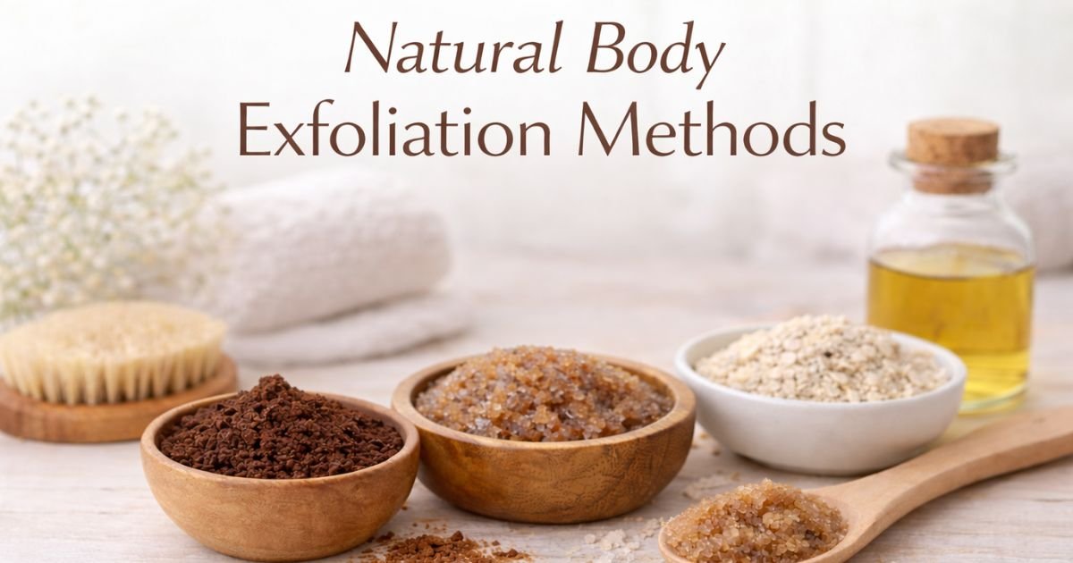Natural body exfoliation methods using sugar, coffee grounds, oatmeal, sea salt, and dry brushing ingredients