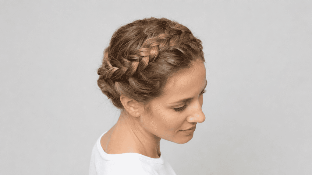 Secure crown braid updo with hidden pins for humid summer days