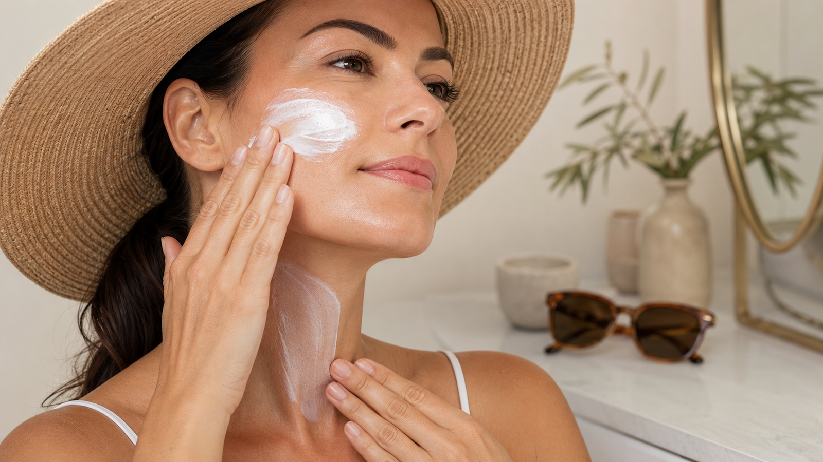 Woman applying sunscreen to her face and neck as part of a daily sun protection routine.