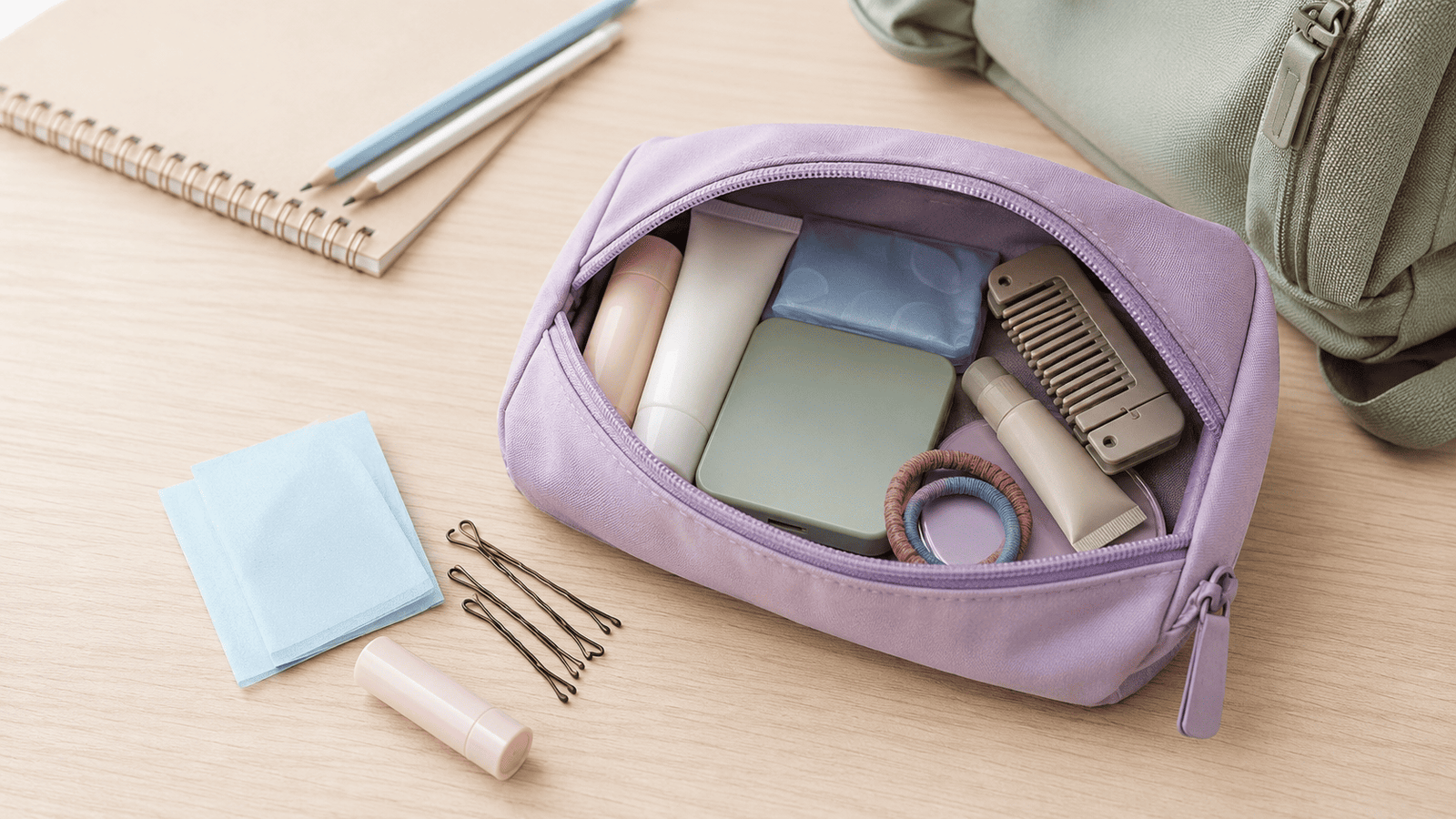School student’s small makeup bag with practical beauty essentials