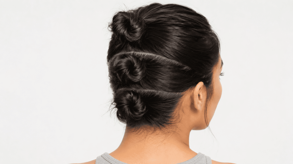 Three sectioned mini buns for thick hair in hot humid weather