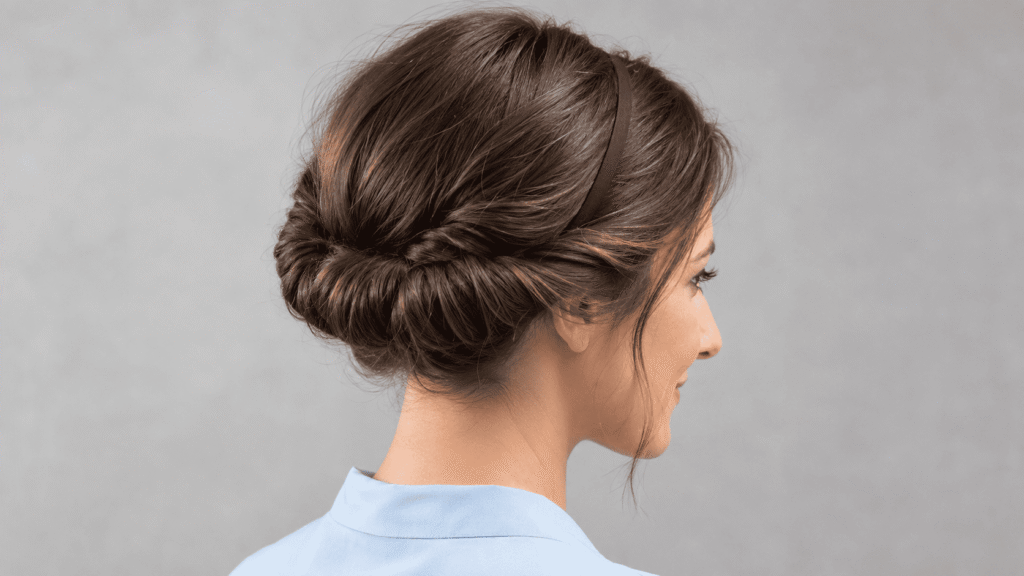 Easy headband tuck updo for shoulder-length hair on humid days