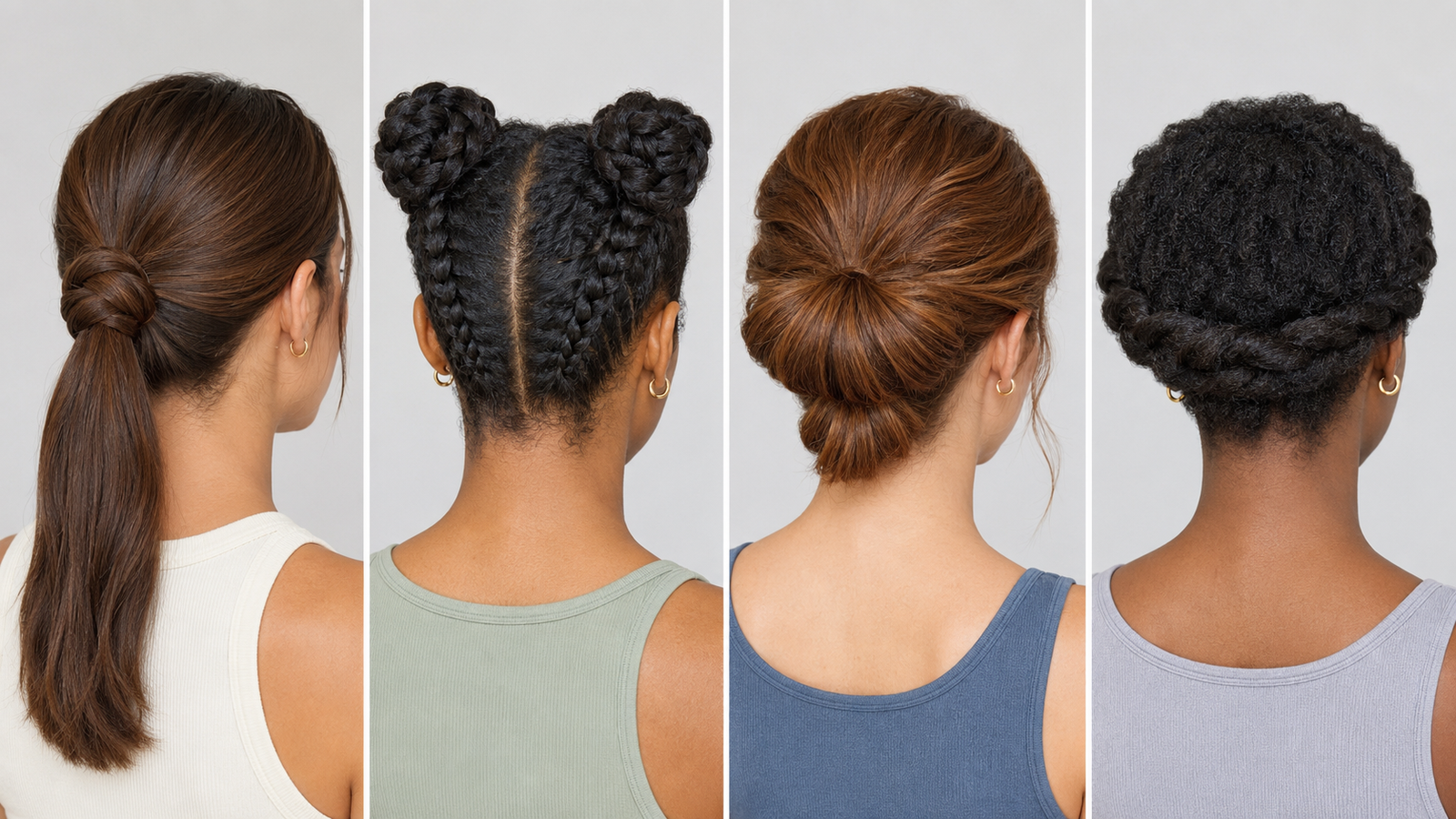 Four humidity-friendly hairstyles for hot August days, including knotted ponytail and braided updos