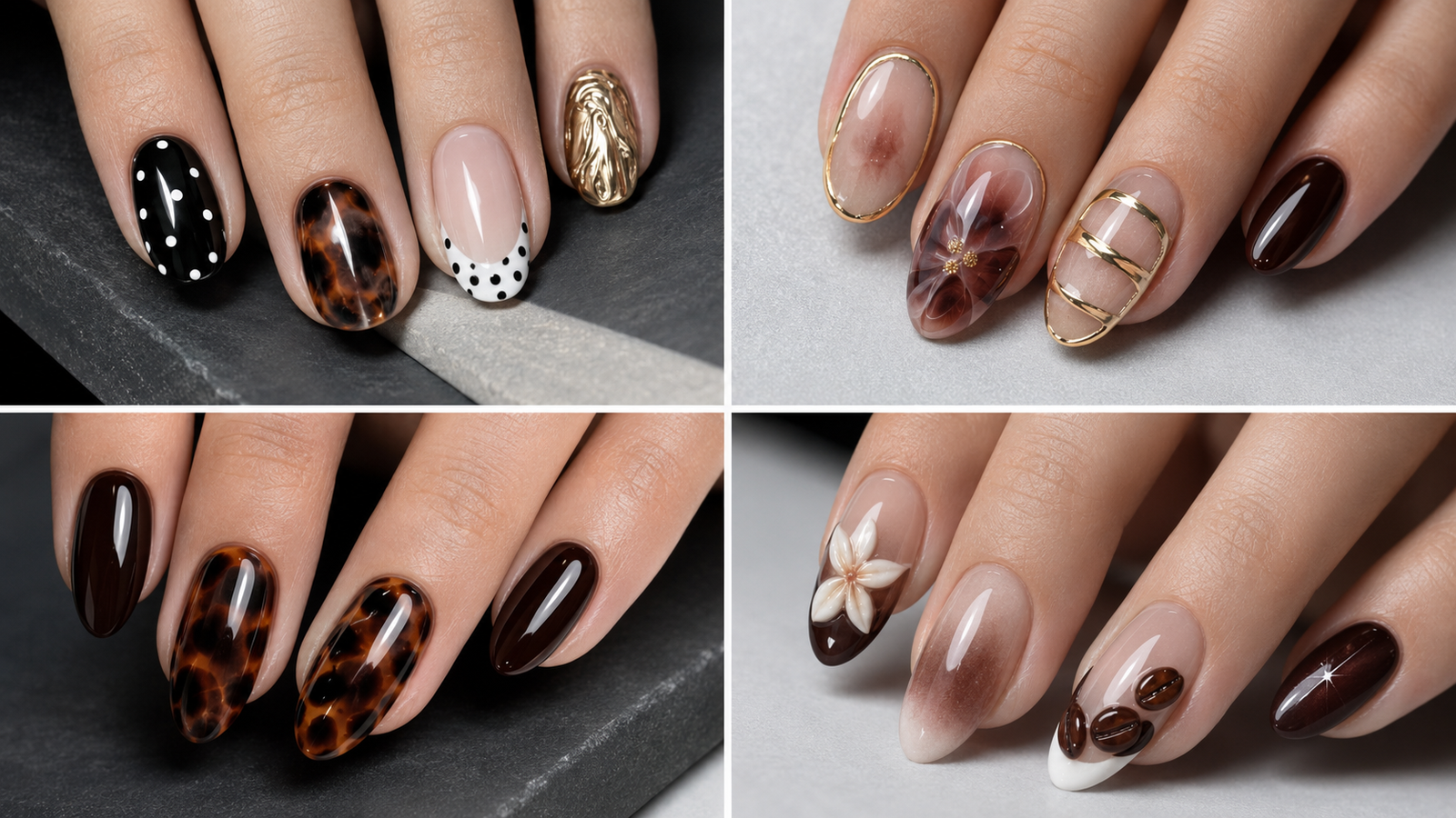 Collage of elegant early fall nail ideas featuring tortoiseshell, espresso brown, gold, and floral manicures