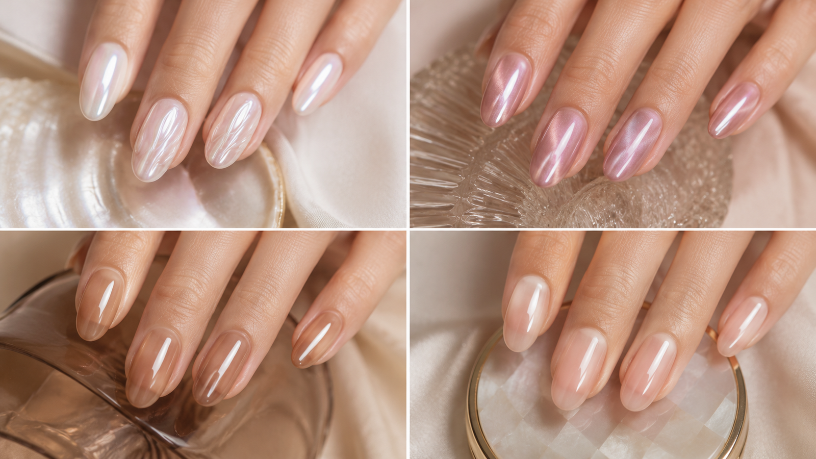 Four glazed donut nail designs featuring pearly chrome finishes to DIY at home.