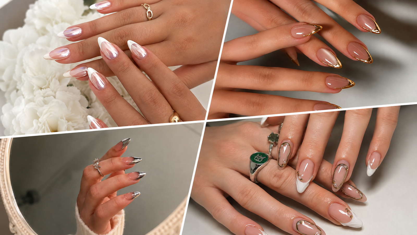 Collage featuring four elegant chrome French tip nail designs with metallic silver and gold accents on glossy nude almond nails in a luxury salon-inspired editorial style.