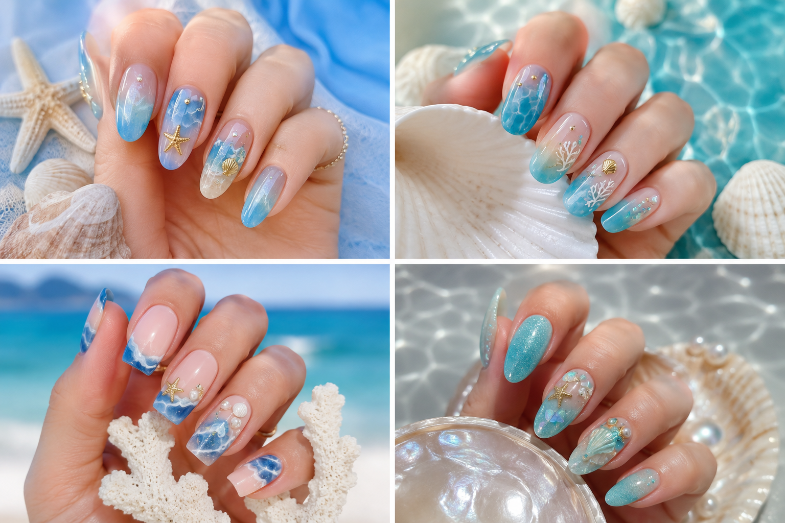 A four-photo collage showcasing dreamy ocean-inspired summer nail art featuring waves, seashells, coral details, shimmering aqua tones, and glossy beach-inspired manicures on realistic female hands.