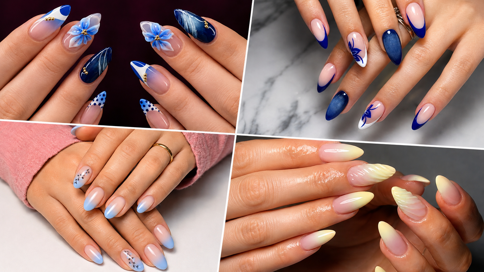 Collage of four trendy ombre nail designs featuring soft pastel gradients, bold blue French tips, floral nail art, and glossy summer color fade manicures.