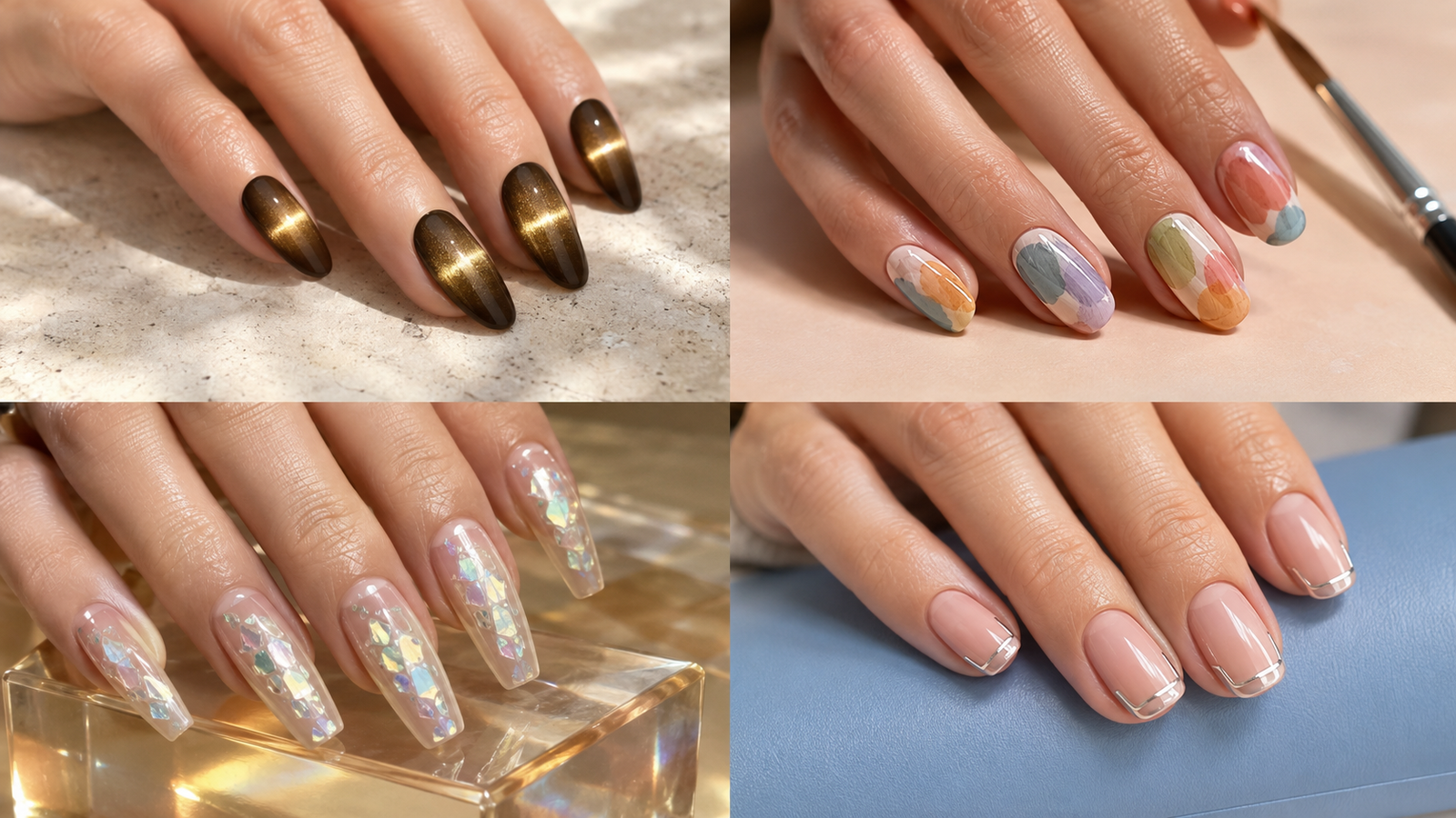 Collage of four unique August manicures featuring velvet, watercolor, opal, and modern French nail art.