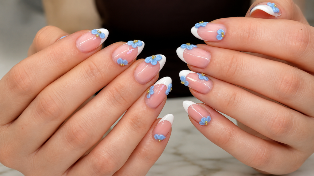 3D Blue Floral French Tips