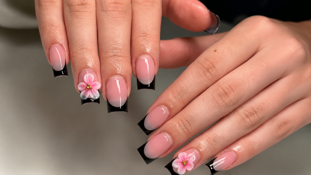 3D Floral Black French Tips