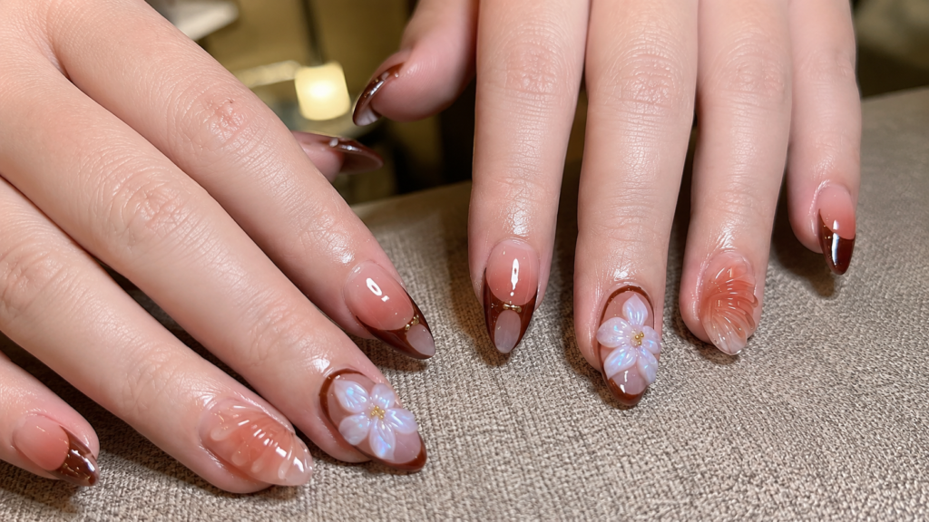 3D Floral Brown French Nails
