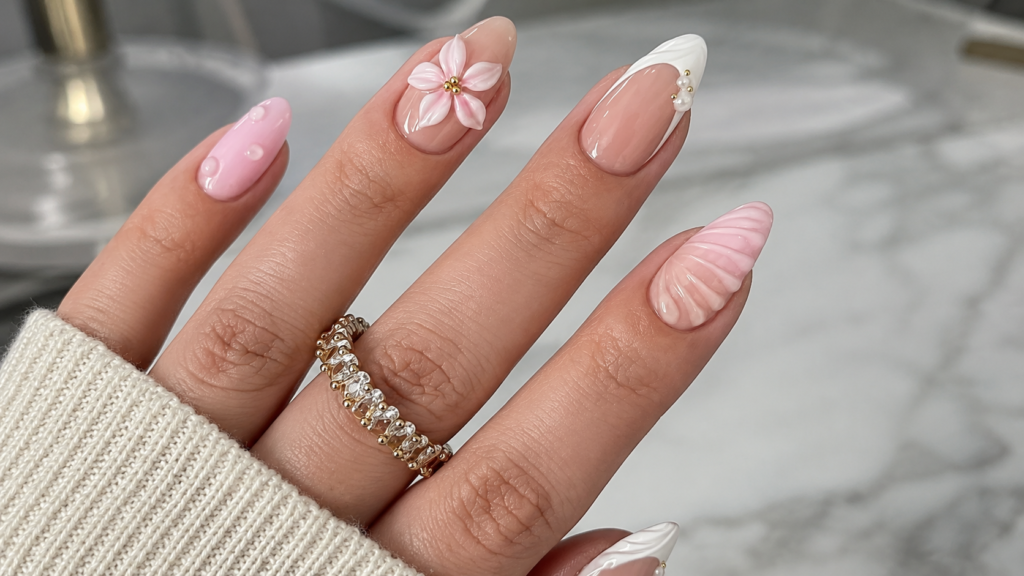 3D Floral French Accent Nails