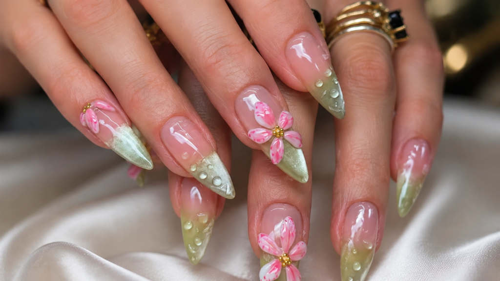 3D Floral Jelly Green Nails