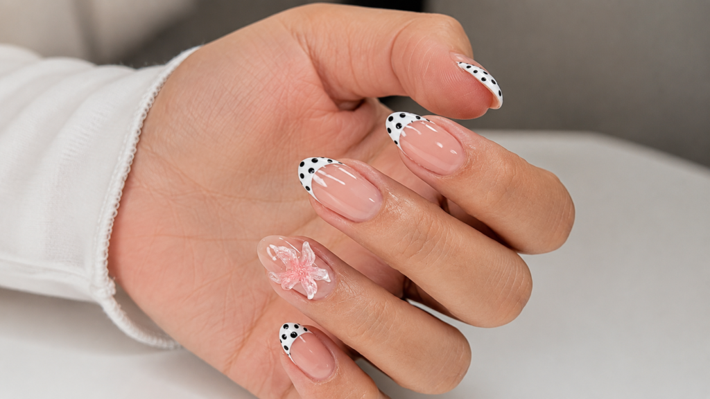 3D Floral Polka Dot French Nails
