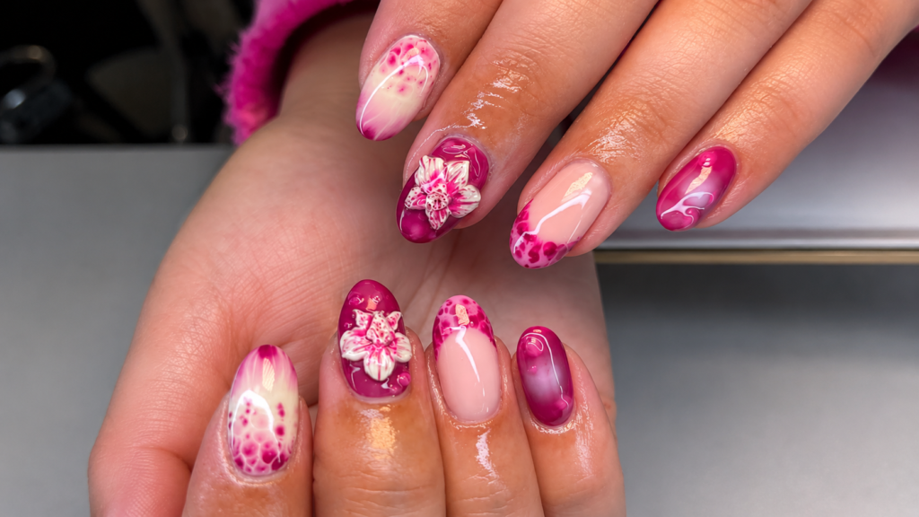 3D Orchid Bloom Nails with Pink Aura Accents