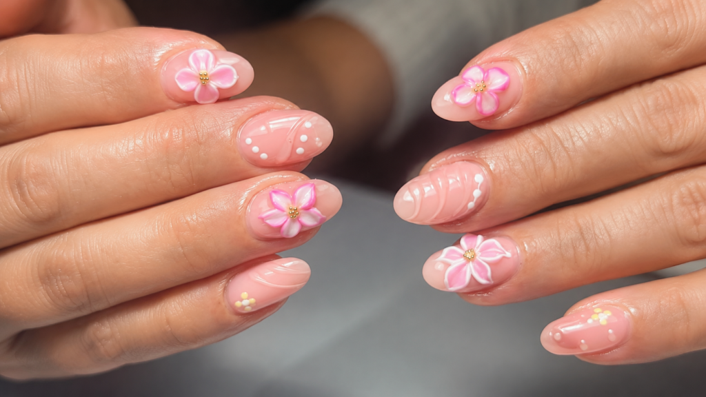 3D Pink Floral Gel Nails