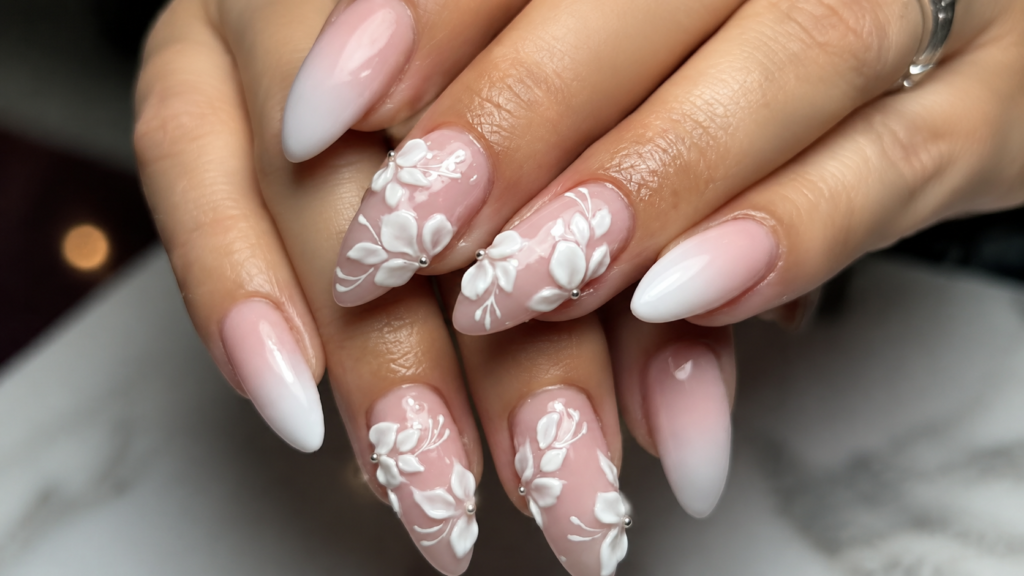 3D White Floral Ombre Nails