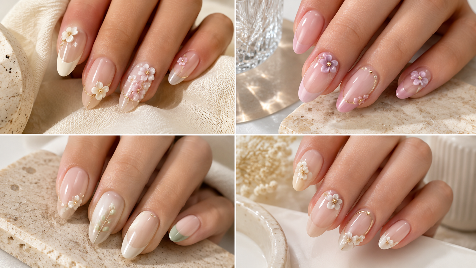 3D floral nail art ideas featuring textured summer manicures in a minimalist collage with four unique floral nail designs on almond-shaped nails