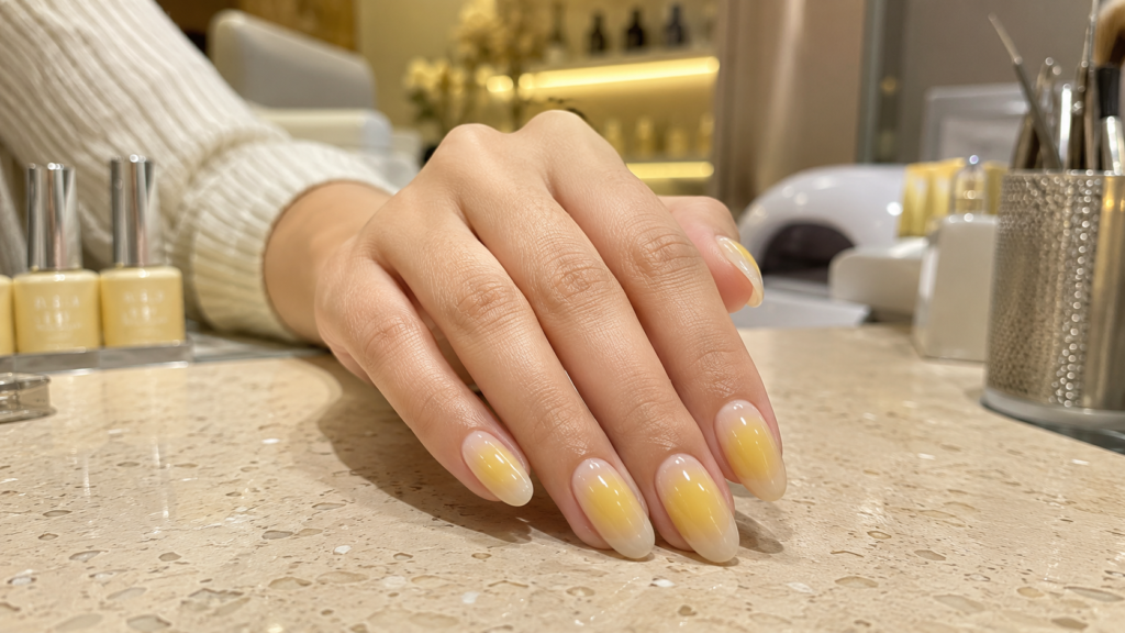 Glossy butter yellow aura nails with a soft radiant glow.
