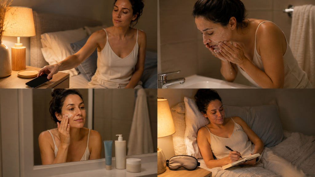 45-minute bedtime self care routine with dim lighting, gentle skincare, journaling, and restful sleep preparation
