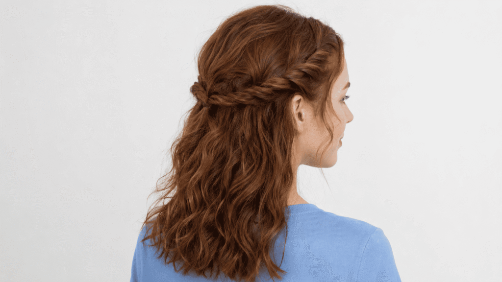 Half-up rope twist hairstyle with natural waves for humid days