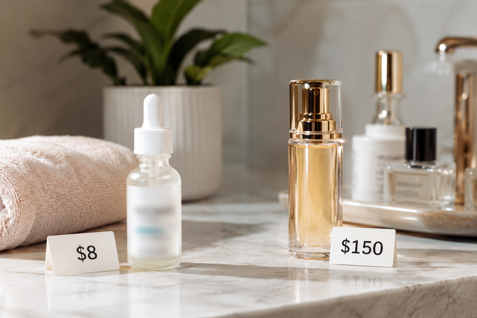 Realistic comparison of an affordable $8 drugstore facial serum with a luxury skincare serum on a bathroom vanity, highlighting budget-friendly skincare without showing any visible brand labels.