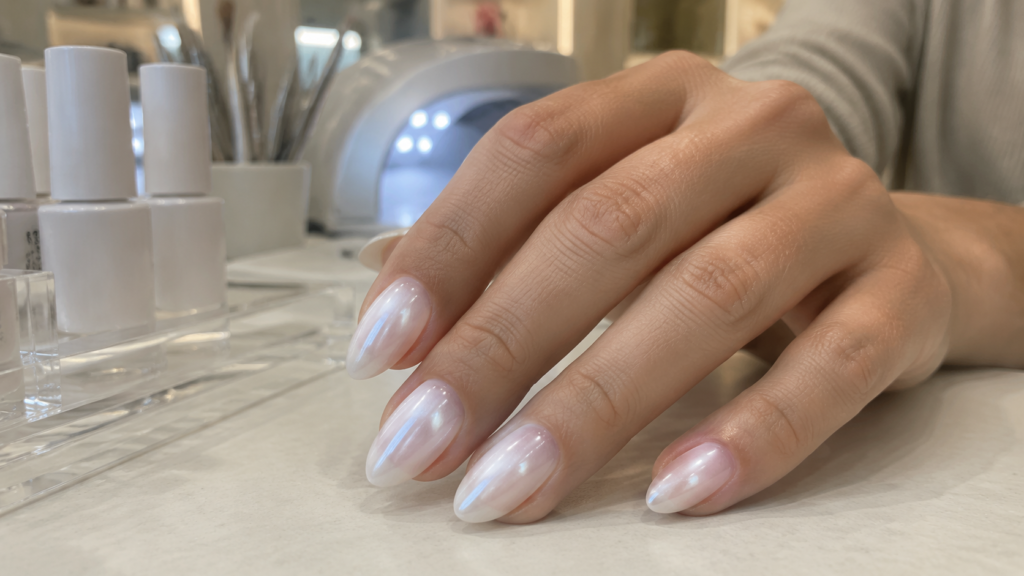 Elegant white aura nails with a soft cloud-like glow and glossy finish.