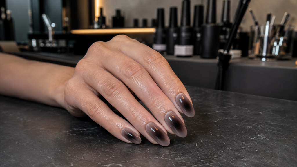 Elegant black aura nails with a smoky glowing center and glossy finish.