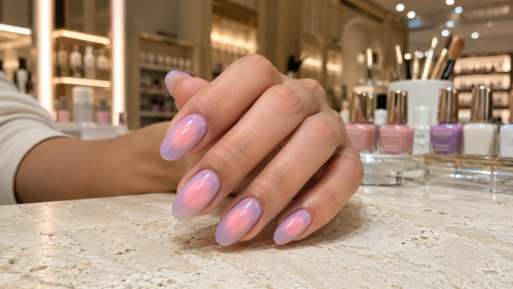 Soft double aura nails with pink and lavender glowing centers.