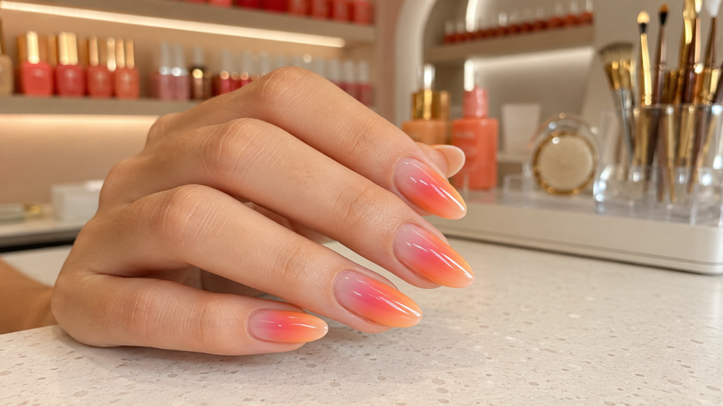Sunset-inspired aura nails blending peach, coral, and pink gradients.