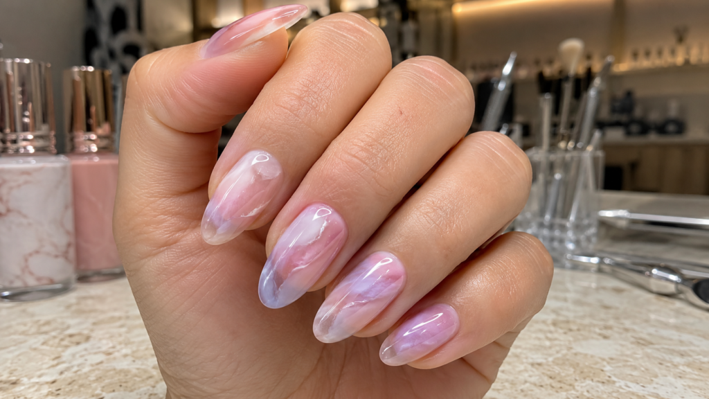 Elegant aura marble nails with soft swirling gradients and glossy finish.