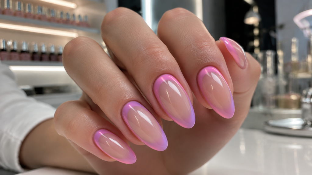 Modern reverse aura nails with glowing edges and a glossy nude center.