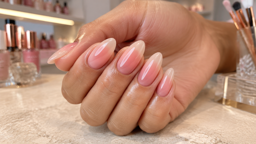 Elegant aura ombré nails blending soft glowing gradients into nude tips.