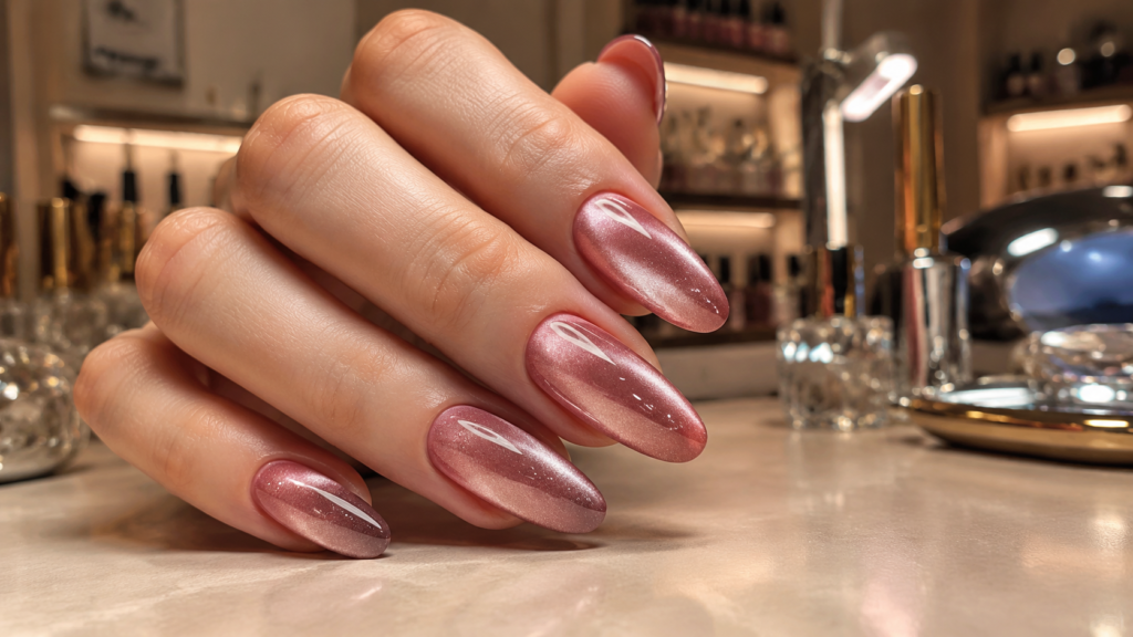 Magnetic velvet aura nails with a soft cat-eye glow and glossy finish.