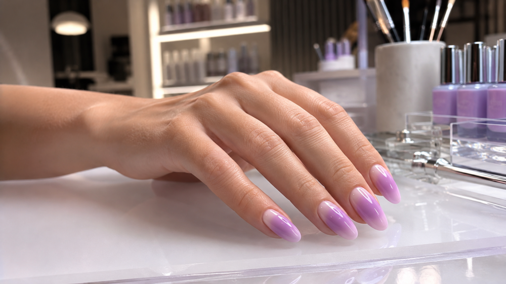 Elegant lavender aura nails with luminous purple gradients and glossy finish.