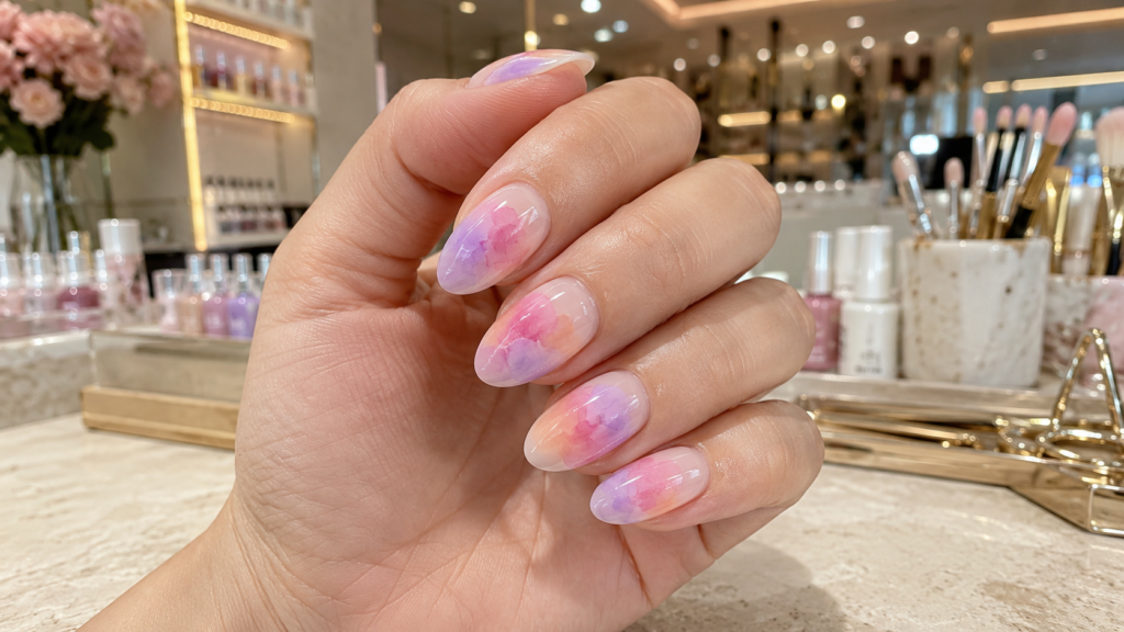 Soft blooming aura nails with watercolor-inspired glowing gradients.