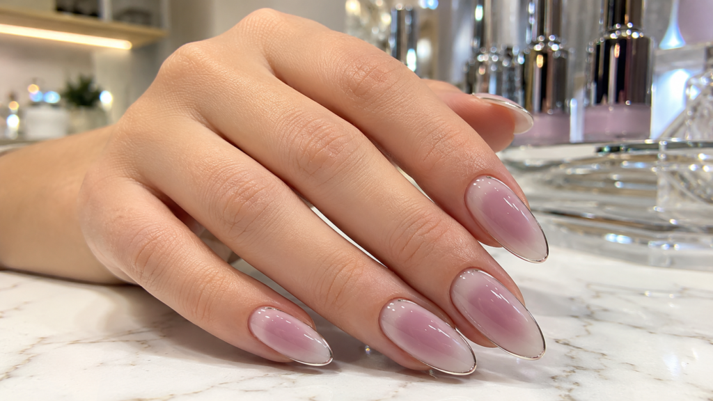 Elegant aura nails with fine chrome outlines and glossy salon finish.