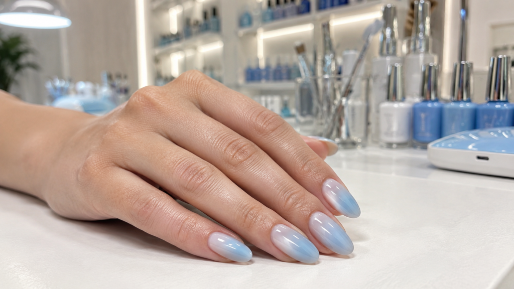 Sky blue aura nails with a peaceful glowing center and glossy salon finish.