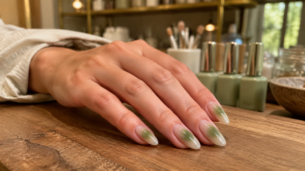 Soft matcha green aura nails with a calming minimalist glow.