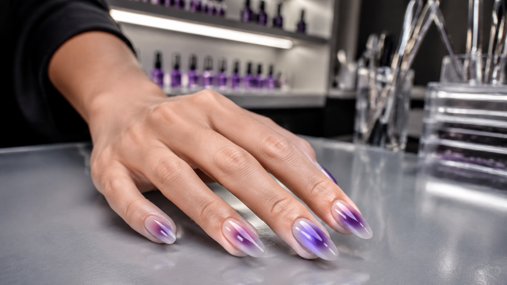 Elegant violet aura nails with a deep luminous glow and glossy salon finish.
