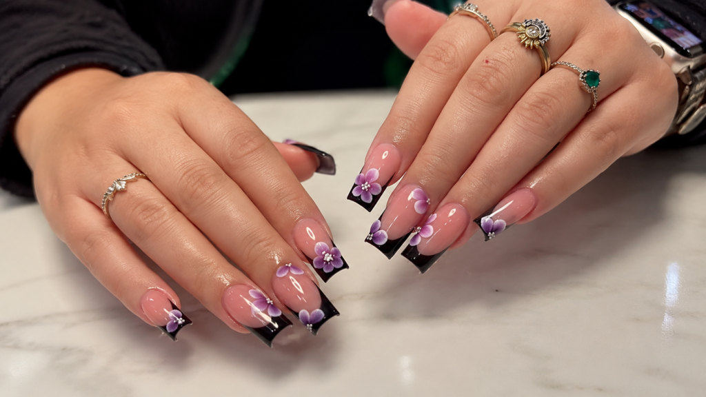 Black French Tips with 3D Floral Accents