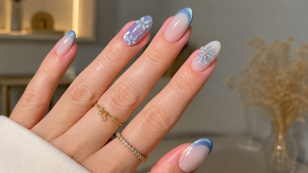 3D Blue Chrome Floral Pearl Nails