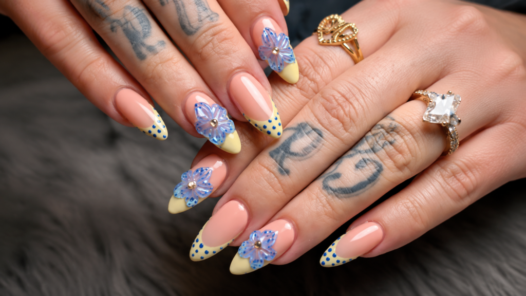 Blue Floral 3D Polka Dot Nails