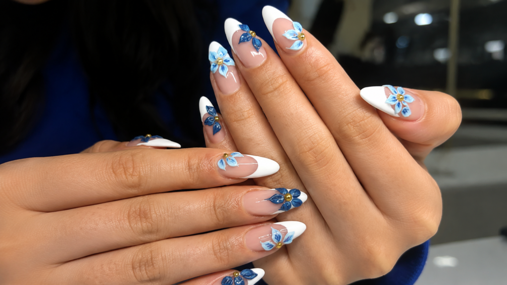 3D Blue Floral French Tip Nails