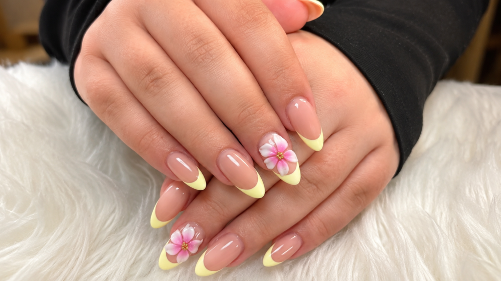 Pastel French Tips With 3D Blossoms
