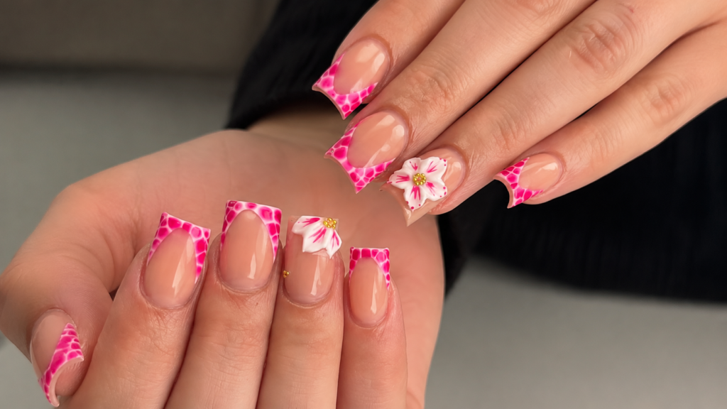 Pink Blooming French 3D Floral Nails
