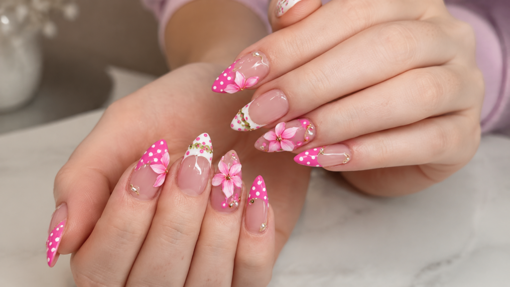 Pink Floral 3D Nail Art