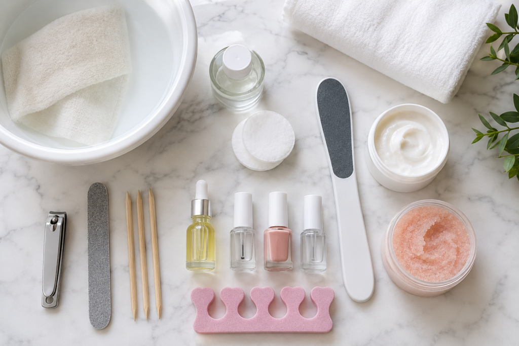 Essential tools needed for a salon-quality at-home pedicure.