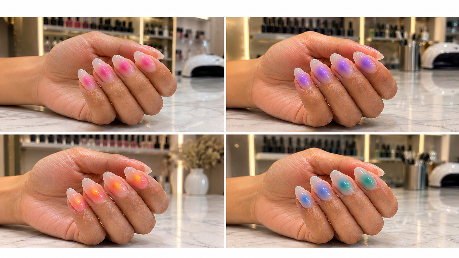 Four unique aura nail designs in a luxury salon collage featuring pink, lavender, peach, and blue glowing aura gradients on glossy almond-shaped nails.